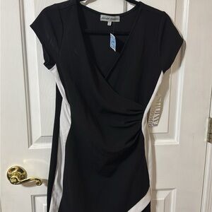 Black and White Faux-Wrap Cap-Sleeve Dress